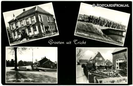 ansichtkaart: Tricht, Gemeentehuis - Spoorbrug - Middelweg - Raamweg