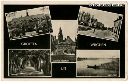 ansichtkaart: Wijchen, Klooster - Spoorstraat - Kasteel-Raadhuis - Laantje - Meer