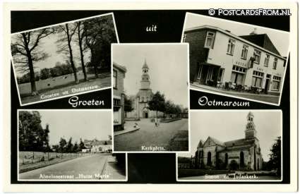 ansichtkaart: Ootmarsum, Kerkplein - Hotel v.d. Maas - Almelosestraat Huize Maria - Kerk