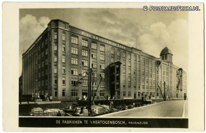 ansichtkaart: 's-Hertogenbosch, Fabrieken. P. de Gruijter en Zoon. Havenzijde