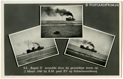 ansichtkaart: Schiermonnikoog, S.S. 'Rapid II' strandde 2 Maart 1949 bij K.M. paal XV