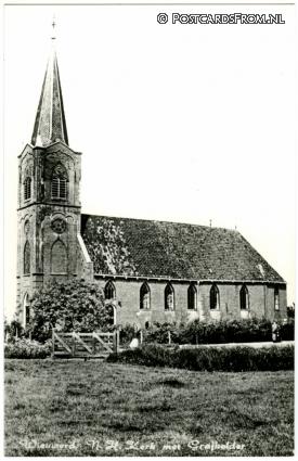 ansichtkaart: Wieuwerd, N.H. Kerk met Grafkelder