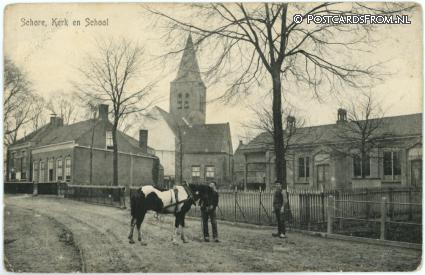 ansichtkaart: Schore, Kerk en School