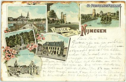 ansichtkaart: Nijmegen, Gierbrug - Belvedere - Kronenburger Park - Waag - Markt