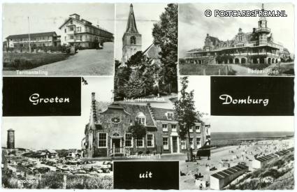 ansichtkaart: Domburg, Termanteling - Kerk - Badpaviljoen - Gemeenstehuis - Strand