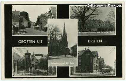ansichtkaart: Druten, Kattenburg - H. Hart Monument - Boldershof - Postkantoor