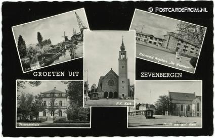ansichtkaart: Zevenbergen, Haven - Rusthuis 'De Westhoek' - Gemeentehuis - Markt met Kerk