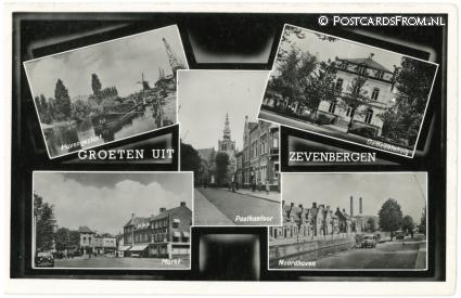 ansichtkaart: Zevenbergen, Havengezicht- Postkantoor - Gemeentehuis - Markt - Noordhaven