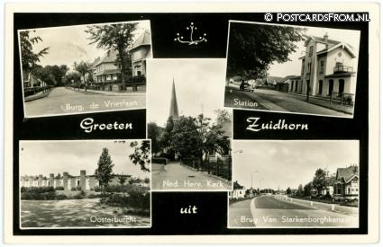 ansichtkaart: Zuidhorn, Burg. de Vrieslaan - Station - Oosterburcht - Brug Stakenborgh