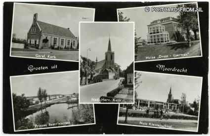 ansichtkaart: Moordrecht, Ger. Kerk - Huize Dros-IJsernan - Beatrixstraat - Kleuterschool