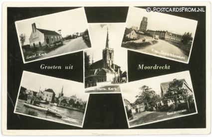 ansichtkaart: Moordrecht, Geref. Kerk - Tapijtfabrieken - N.H. Kerk - IJselzicht - Dorpstr