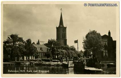 ansichtkaart: Aalsmeer, N.H. Kerk met Ringvaart