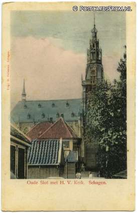 ansichtkaart: Schagen, Oude Slot met H.V. Kerk