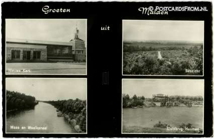 ansichtkaart: Malden, Kerk - Boszicht - Maas en Waalkanaal - Sluisbrug Heumen