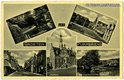 ansichtkaart: Purmerend, Plantsoen - Kaasmarkt - Peperstraat - Stadhuis - Heerengracht