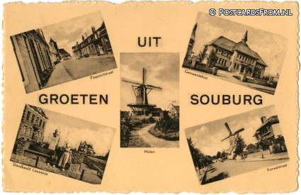 ansichtkaart: Oost- en West-Souburg, Paspoortstraat - Standbeeld Louwerse - Molen - Kanaalstraat