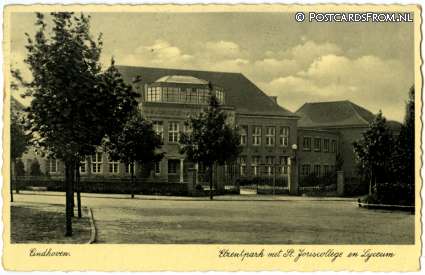 ansichtkaart: Eindhoven, Elzentpark met St. Joriscollege en Lyceum