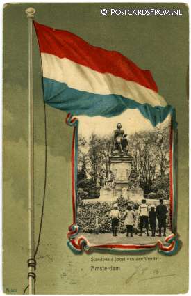 ansichtkaart: Amsterdam, Standbeeld Joost van den Vondel. Randversiering