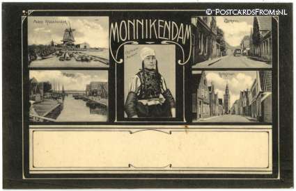 ansichtkaart: Monnickendam, Groeten uit. Molen Kloosterdyk - Zarken - Haven - Kerkstraat