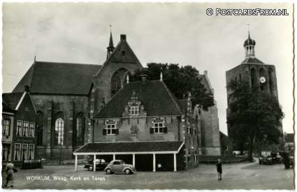 ansichtkaart: Workum, Waag, Kerk en Toren