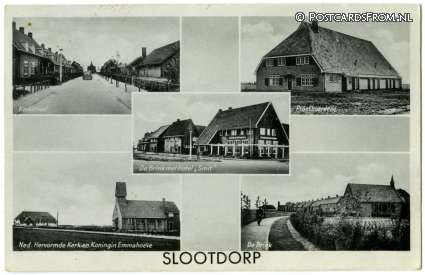 ansichtkaart: Slootdorp, Kerkstraat - Proefboerderij - N.H. Kerk en Emmahoeve - De Brink