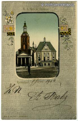 ansichtkaart: Roosendaal, R.K. Kerk en Stadhuis