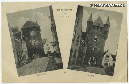 ansichtkaart: Hattem, De Dijkpoort voor 1910 en in 1910