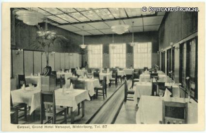 ansichtkaart: Middelburg, Grand Hotel Verseput. Eetzaal