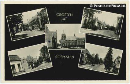 ansichtkaart: Rosmalen, Dorpstraat - Gemeentehuis - Lambertuskerk - Stationstraat