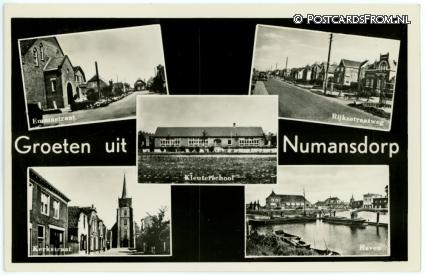 ansichtkaart: Numansdorp, Emmastraat - Rijksstraatweg - Kerkstraat - Haven - Kleuterschool