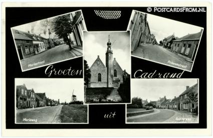 ansichtkaart: Cadzand, Mariastraat - N.H. Kerk - Prinsenstraat - Mariaweg - Achterweg