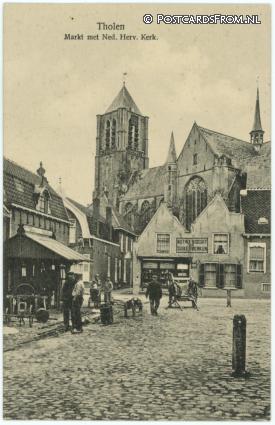 ansichtkaart: Tholen, Markt met Ned. Herv. Kerk. Hoefsmid