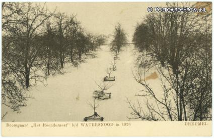 ansichtkaart: Dreumel, Boomgaard 'Het Hoendernest' b.d. Watersnood in 1926