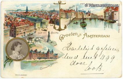 Amsterdam, Groeten uit. Dam en Beurs - Rokin - Centraal Station ansichtkaart: Amsterdam, Groeten uit. Dam en Beurs - Rokin - Centraal Station