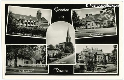 ansichtkaart: Raalte, Ziekenhuis - Gemeentehuis - Kerkstraat- Bagatelle - Kasteel
