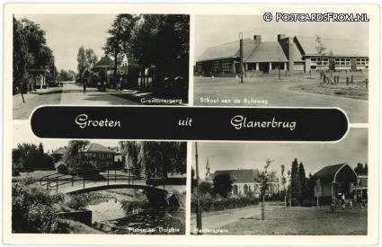ansichtkaart: Glane, Glanerbrug. Grensovergang - School - Plantsoen - Heldersplein