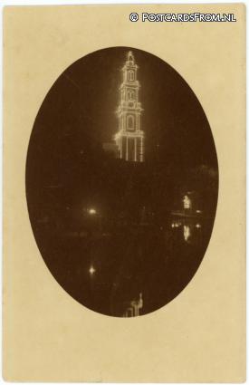 ansichtkaart: Amsterdam, Lichtweek. Westertoren tijdens Julianafeesten 1910