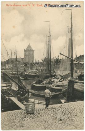 ansichtkaart: Kampen, Buitenhaven met R.K. Kerk