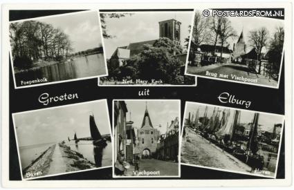 ansichtkaart: Elburg, Poepenkolk - NH Kerk - Brug met Vischpoort - Haven