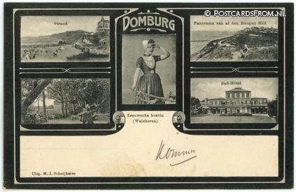 ansichtkaart: Domburg, Strand - Panorama - Mantelingen - Bad-Hotel - Boerin Walcheren