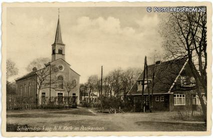 ansichtkaart: Schiermonnikoog, N.H. Kerk en Postkantoor