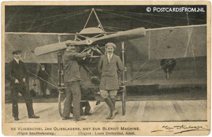 ansichtkaart: --, De Vliegduivel Jan Olieslager met zijn Bleriot Machine