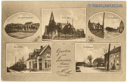 ansichtkaart: Boven-Leeuwen, Jozef Gesticht - R.K. Kerk - Molenstraat - Postkantoor