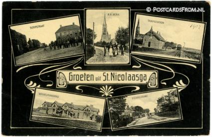 ansichtkaart: Sint Nicolaasga, Dorpstraat - R.K. Kerk - Tramstation - Wilhelminaoord - Kerkstr.