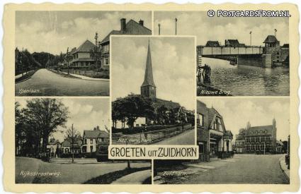 ansichtkaart: Zuidhorn, Ypenlaan - Brug - Rijksstraatweg - Kerk