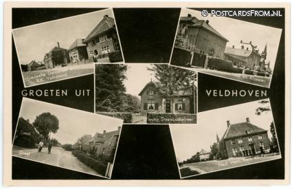 ansichtkaart: Veldhoven, Dorpstraat en R.K. Volksbond - Meisjesschool - Staatsbosbeheer