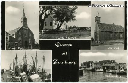 ansichtkaart: Zoutkamp, Ger Kerk - Oude Veerhuis - NH Kerk - Buitenhaven - Rietdiepskade