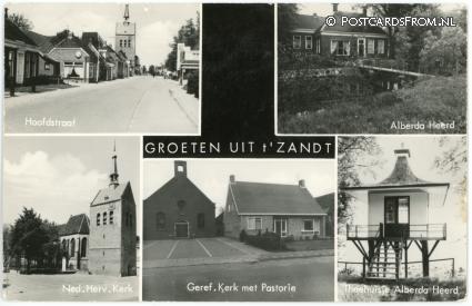 ansichtkaart: 't Zandt GN, Hoofdstraat - Alberda Heerd - NH Kerk - Theehuisje Alberda Heerd
