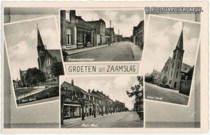 ansichtkaart: Zaamslag, Rozenmarijnstraat - Herv. en Geref. Kerk - Plein-West
