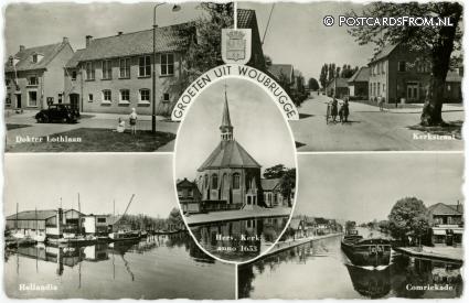 Woubrugge, Dr. Lothlaan - Kerkstraat - Hollandia - Comriekade ansichtkaart: Woubrugge, Dr. Lothlaan - Kerkstraat - Hollandia - Comriekade